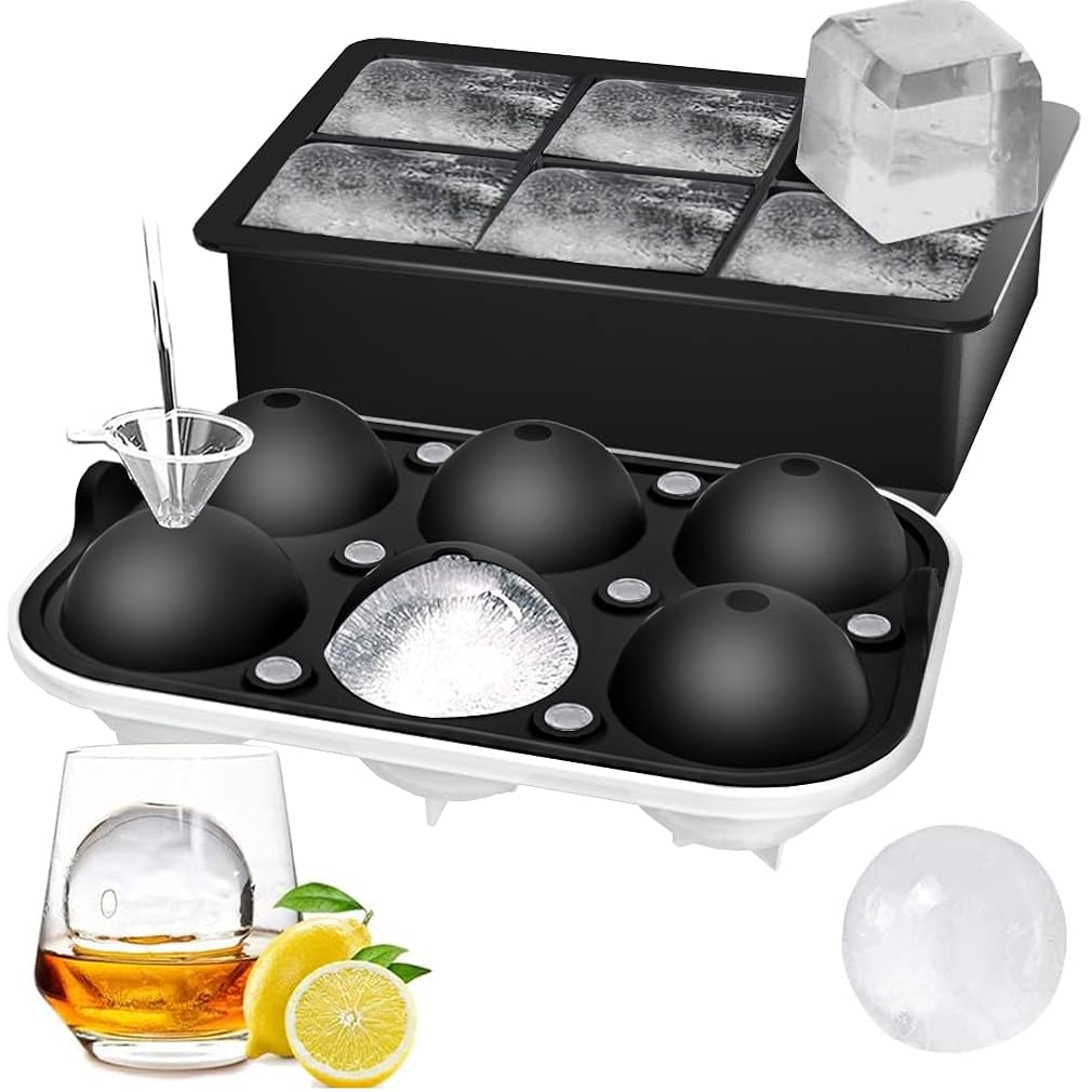 Rottay Ice Cube Trays (Set Of 2), Sphere Ice Ball Maker With Lid & Large Square Ice Cube Maker For Whiskey, Cocktails And Homemade, Keep Drinks Chilled Black