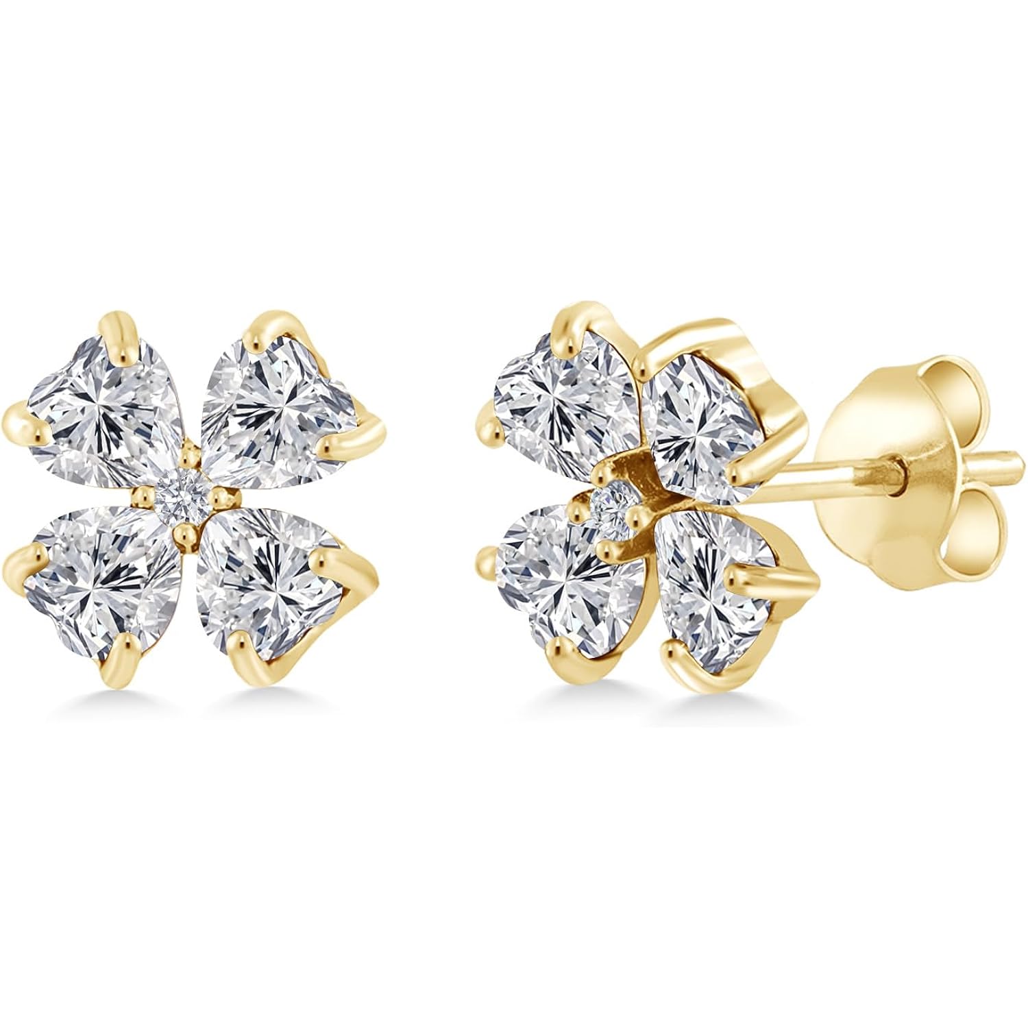 Gem Stone King 18K Yellow Gold Plated Silver Lab Grown Diamond 4 Heart Shape Stud Earrings for Women | 1.87 Cttw | Gemstone April Birthstone | DEF Color | VVS-VS Clarity | Heart Shape 4MM