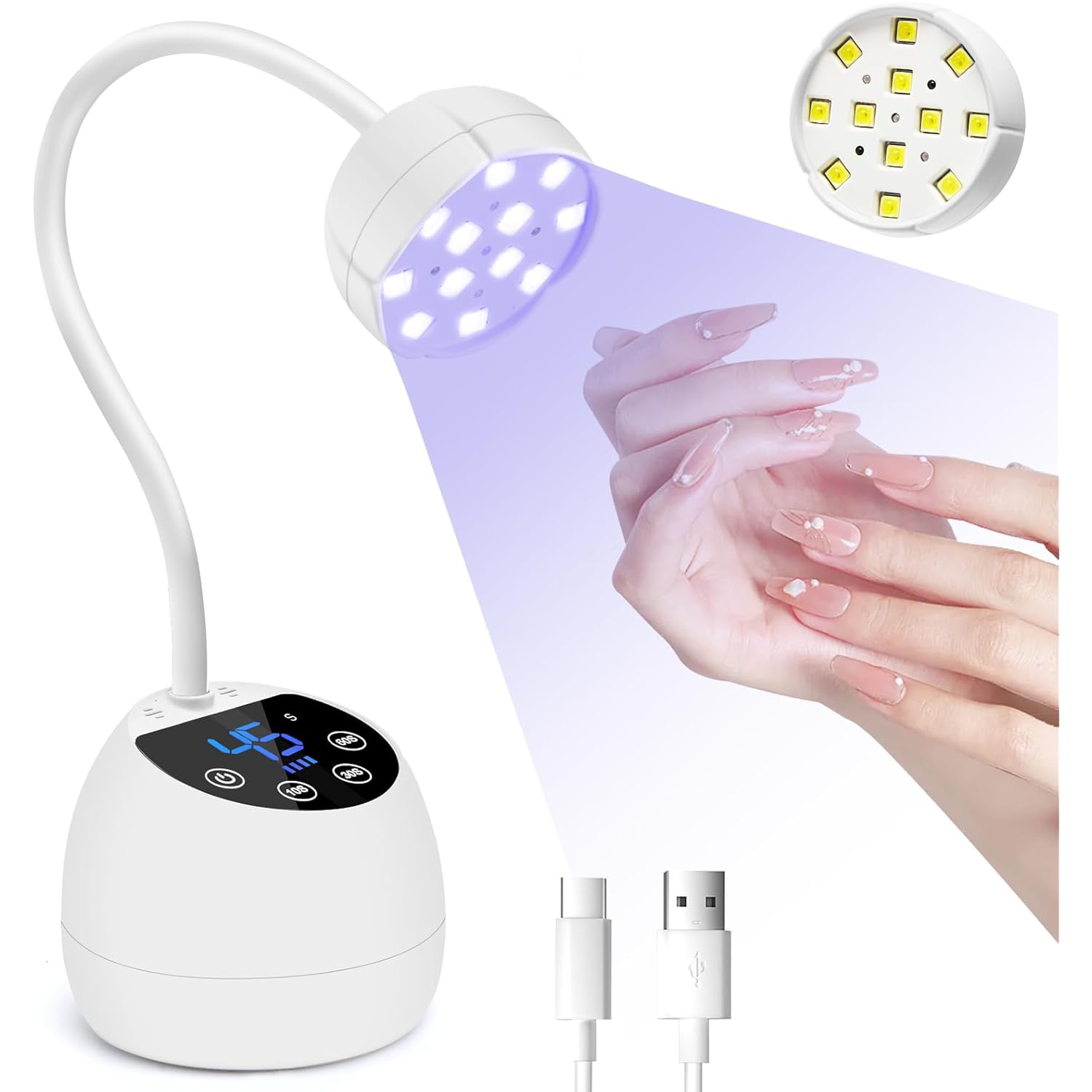 CGBE UV LED Nail Lamp, 36W Mini Cordless Flash Cure Lamp, USB Rechargeable Goosenecks LED Nail Light for Gel Nails with 4 Timers & Auto Sensor for Salon Home DIY Use, White