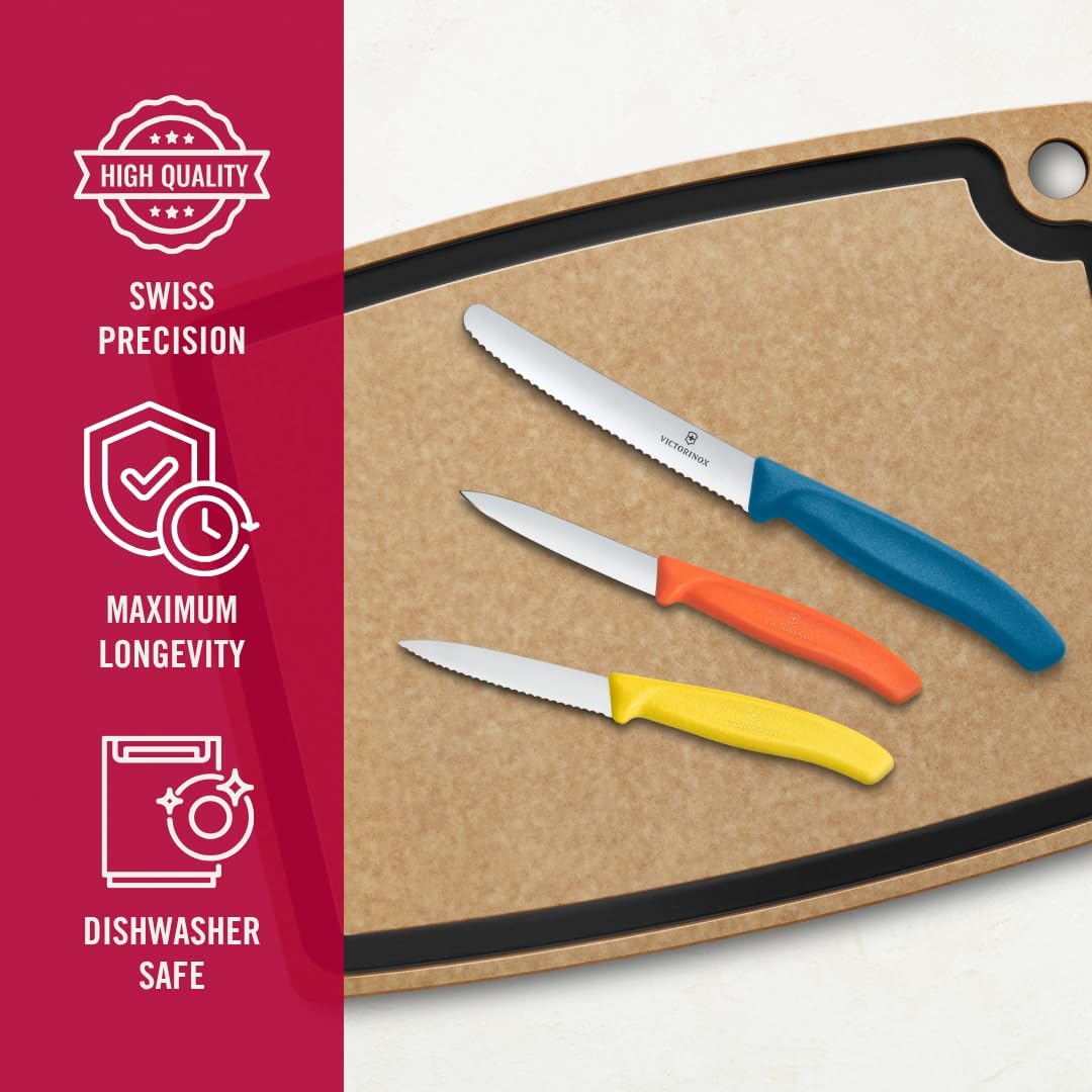 Victorinox Swiss Classic Paring Knife Set, 3 Pieces, Stainless Steel | Trio Of Sharp Straight & Wavy Edge Fruit Peeler Knives, Ergonomic Handles In Yellow, Orange & Blue, Dishwasher Safe