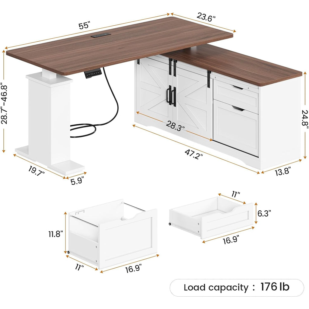 Sedeta Farmhouse L Shaped Standing Desk, 55 Inch Height Adjustable Corner Desk With Storage Drawers, Standing Computer Desks With Power Outlets For Home Office, White