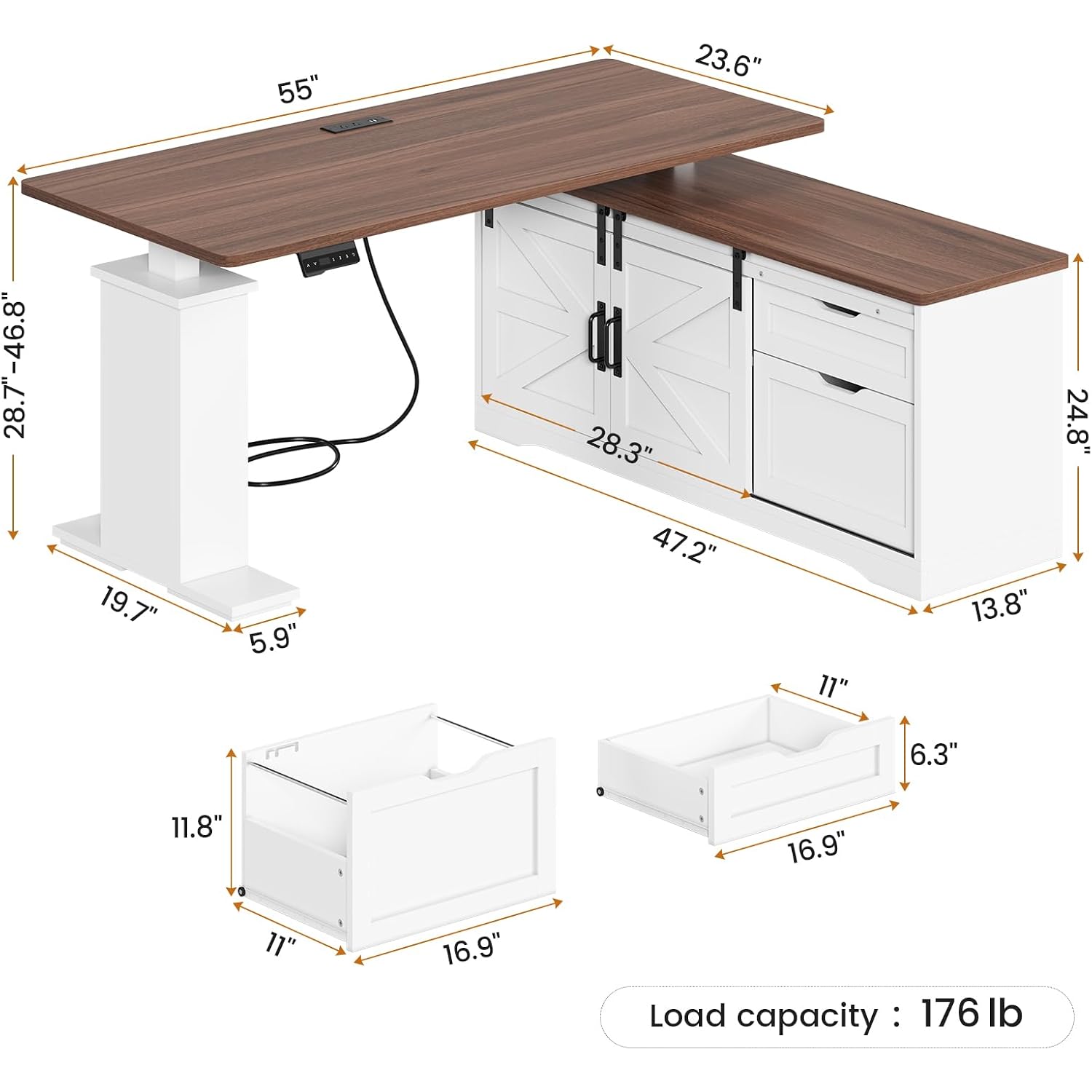 Sedeta Farmhouse L Shaped Standing Desk, 55 Inch Height Adjustable Corner Desk With Storage Drawers, Standing Computer Desks With Power Outlets For Home Office, White