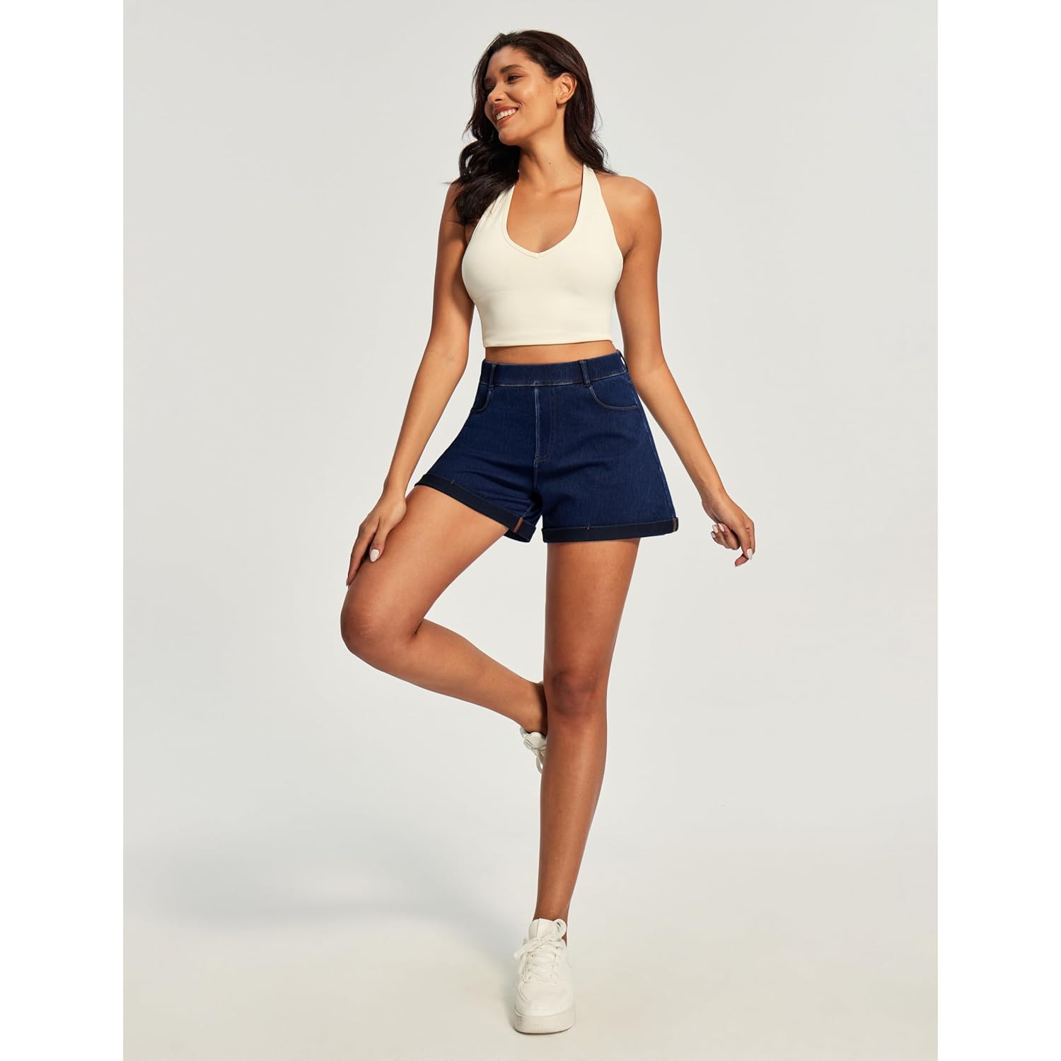 Stretchy Baggy Jean Shorts Womens Pull On Denim Shorts Women High Waisted Tummy Control Jorts Summer Casual with Pockets