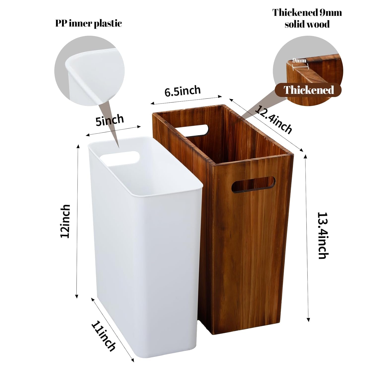 3 Gallon Wooden Trash Can With Liner,Small Solid Wood Bathroom Trash Can,Narrow Garbage Can,Decorative Waste Basket For Bathroom,Bedroom,Office