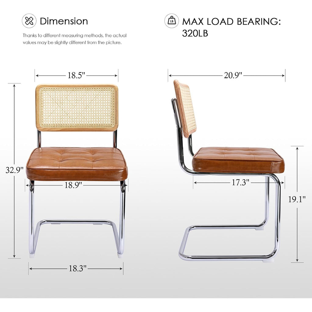 Zesthouse Natural Rattan Dining Chairs Set Of 2, Mid Century Modern Dining Room Chairs With Chrome Leg, Faux Leather Kitchen Chair With Solid Wood Back & Cane Mesh, Breuer Cesca Design Inspired, Brown