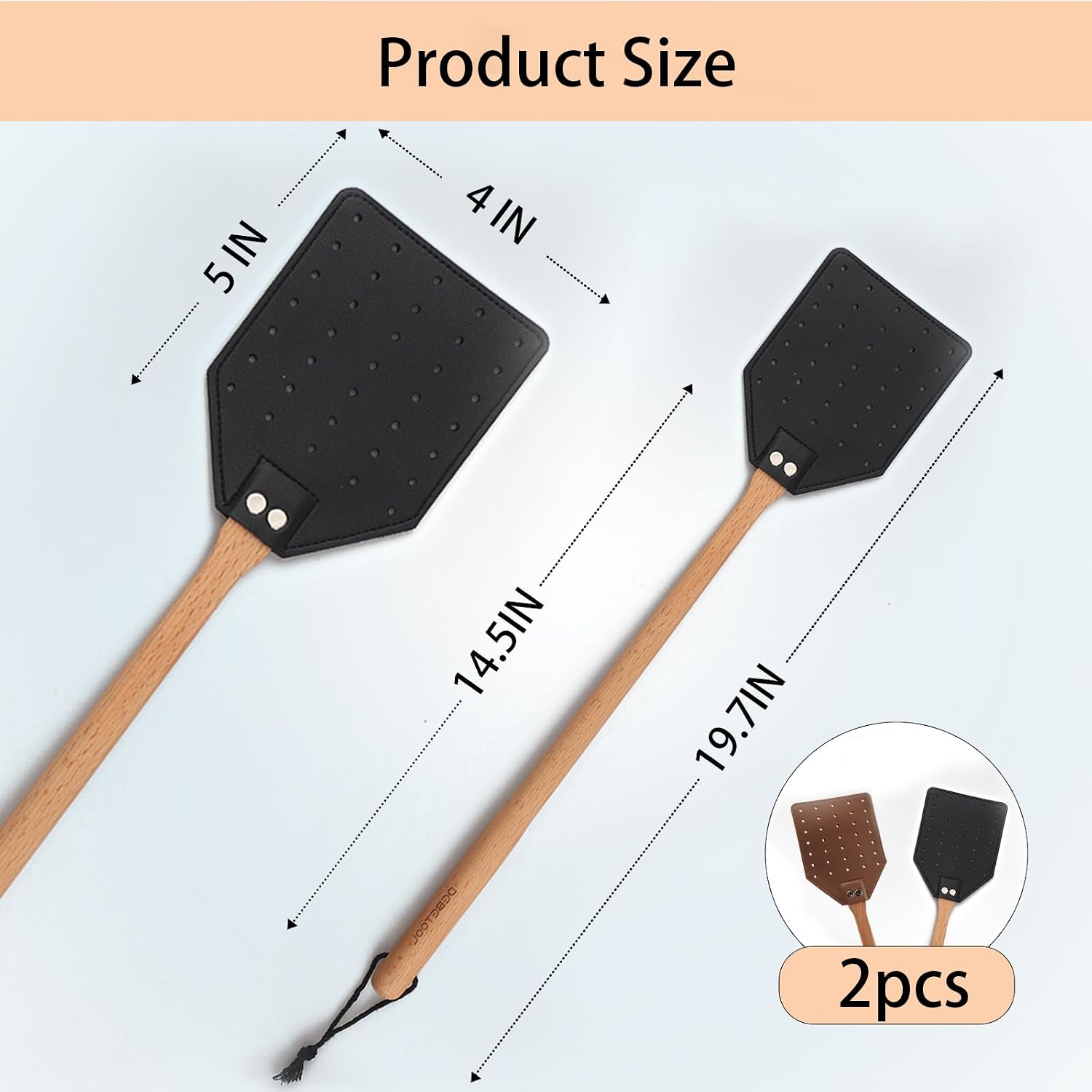 Debetool 2 Pack Sturdy Leather Fly Swatter For Indoors - (19.7”)Long Handle Heavy Duty Wood Fly Swatter With Hanging Rope, Durable Fly Swatter For Outdoor Rustic Bug Swatter Flies,Mosquitoes And Bees