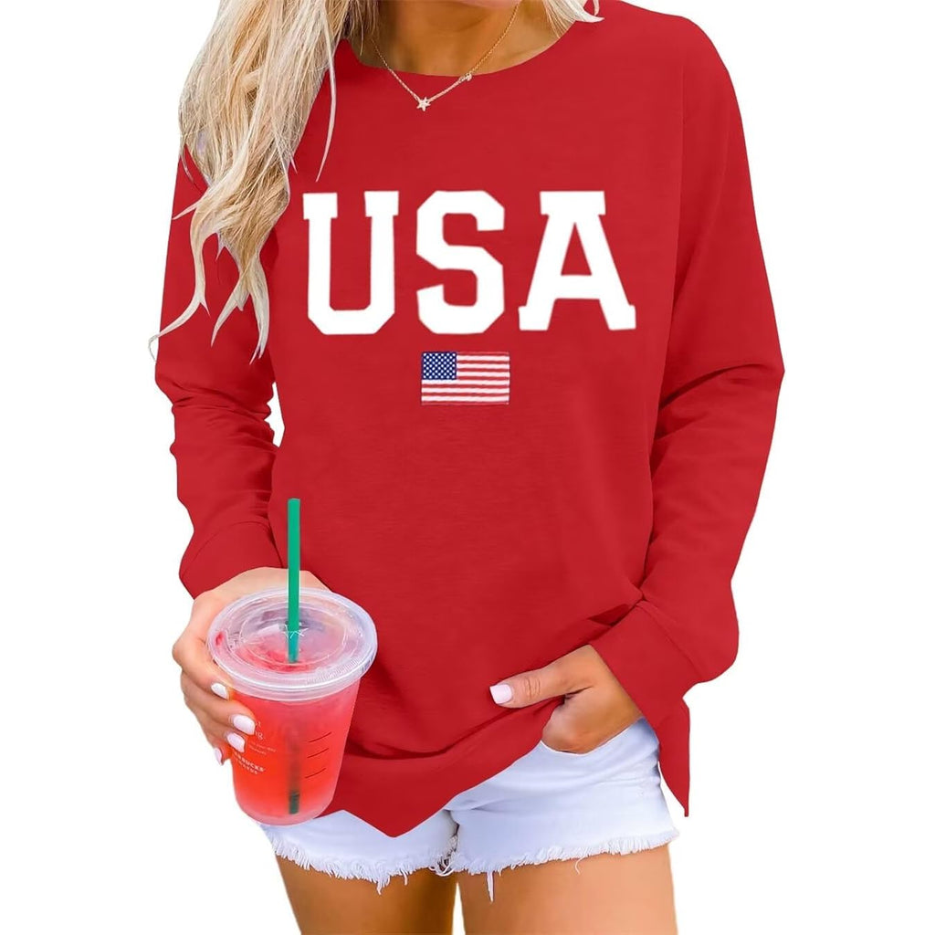 Dressmine Womens Casual Long Sleeve Graphic Tee Shirts Crew Neck Sweatshirts Pullover Tops for Women Red