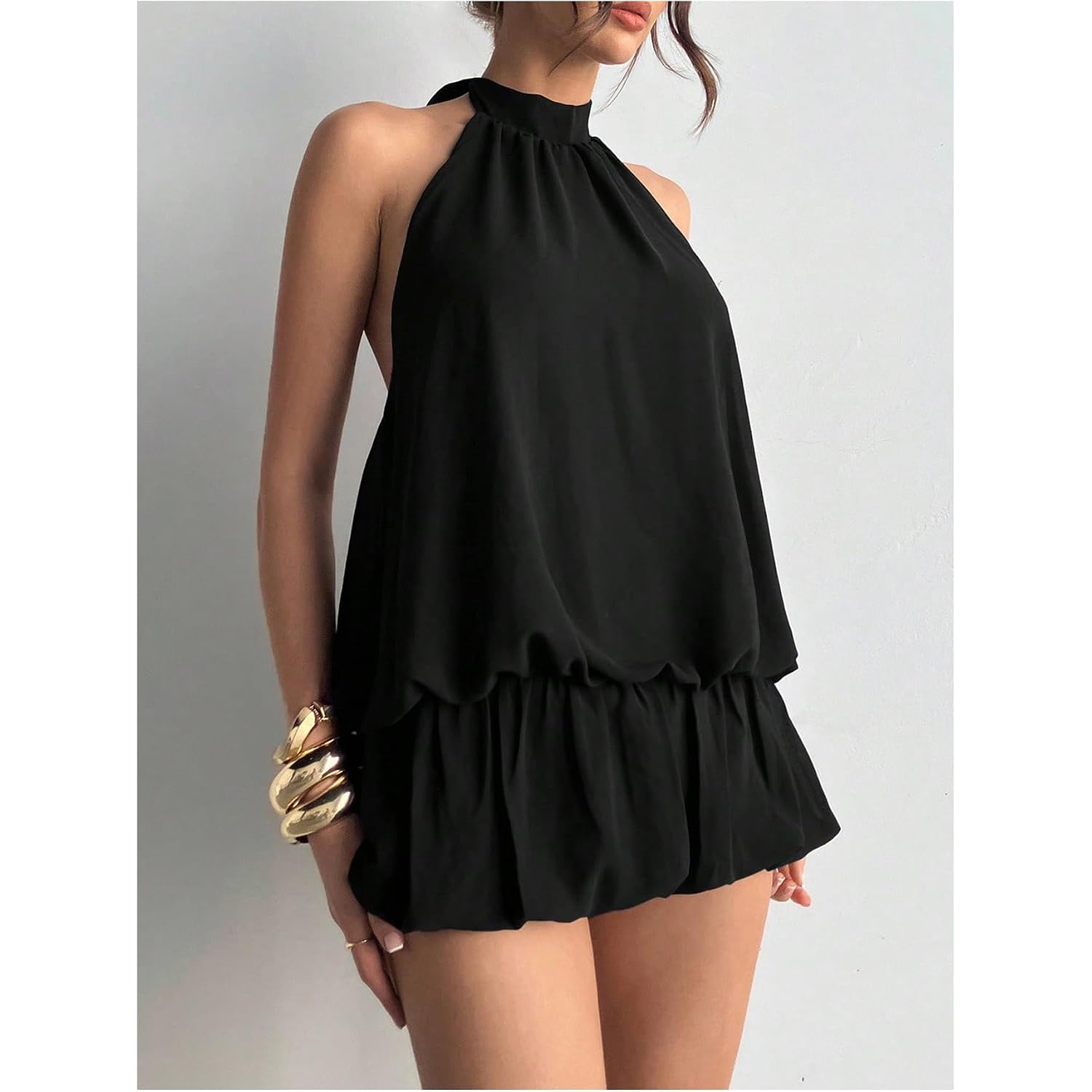 Floerns Women'S Y2K Summer Halter Dress Tie Open Back Sleeveless Ruffle Hem Bubble Going Out Mini Dresses