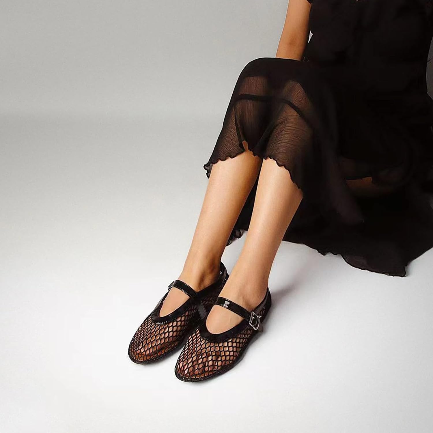 Doeyg Mesh Ballet Flats For Women Buckle Strap Comfy Casual Office Fishnet Ballerina Flat Shoes