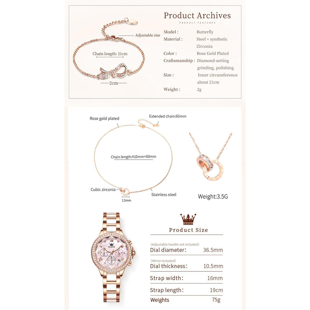 Olevs Women Watch Set Shinning Diamond Rose Gold Elegant Luxury Ladies Dress Wrist Watches Necklaces & Bracelets