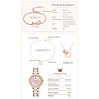 Olevs Women Watch Set Shinning Diamond Rose Gold Elegant Luxury Ladies Dress Wrist Watches Necklaces & Bracelets