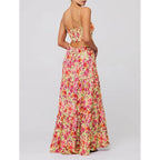 Abyovrt Women Floral Maxi Dress Tie Front Cut Out Backless Boho Spaghetti Strap Summer Beach Sundress