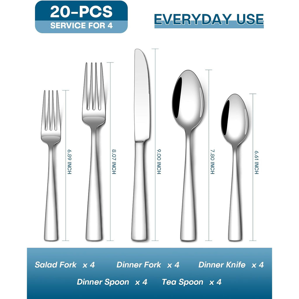 Stapava 20 Piece Silverware Set, Food-Grade Stainless Steel Flatware Sets for 4 Mirror Polished Cutlery Utensil Sets Include Dinner Knives Spoons and Forks Set Dishwasher Safe for Home Restaurant