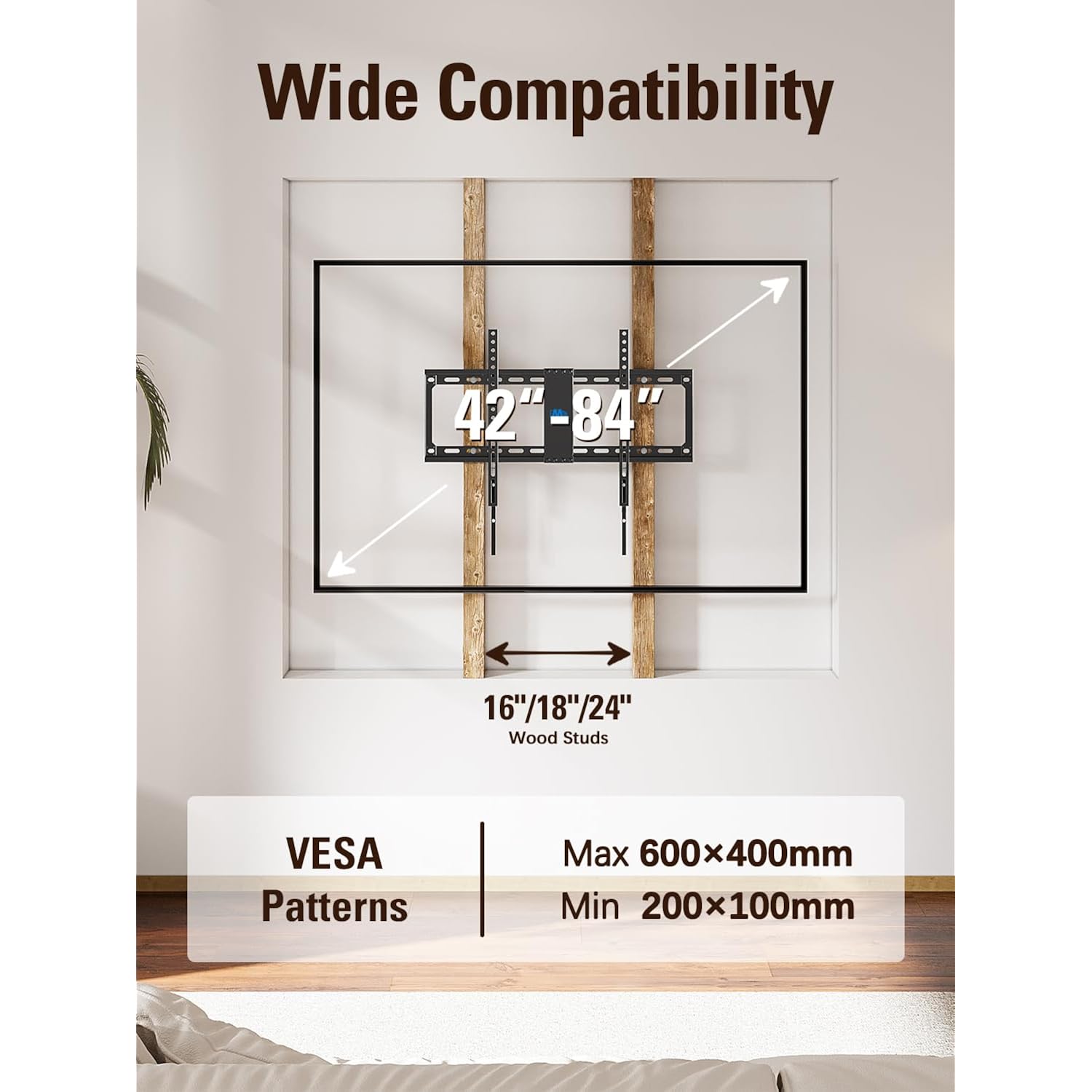 Mounting Dream TV Mount Fixed for Most 42-84 Inch Flat Screen TVs, UL Listed TV Wall Mount Bracket up to VESA 600 x 400mm and 132 lbs - Fits 16"/18"/24" Studs - Low Profile and Space Saving MD2163-K