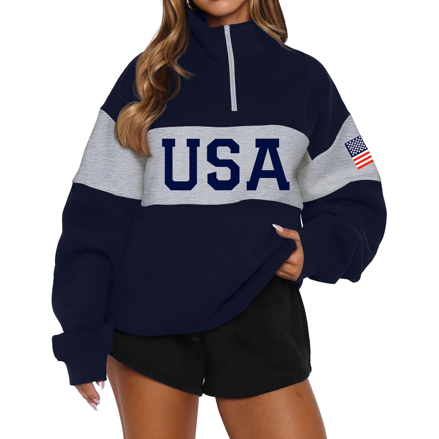 Women Long Sleeve American Flag Sweatshirts Casual Half Zip Fleece Usa Sweater 4Th Of July Patriotic Pullover Top
