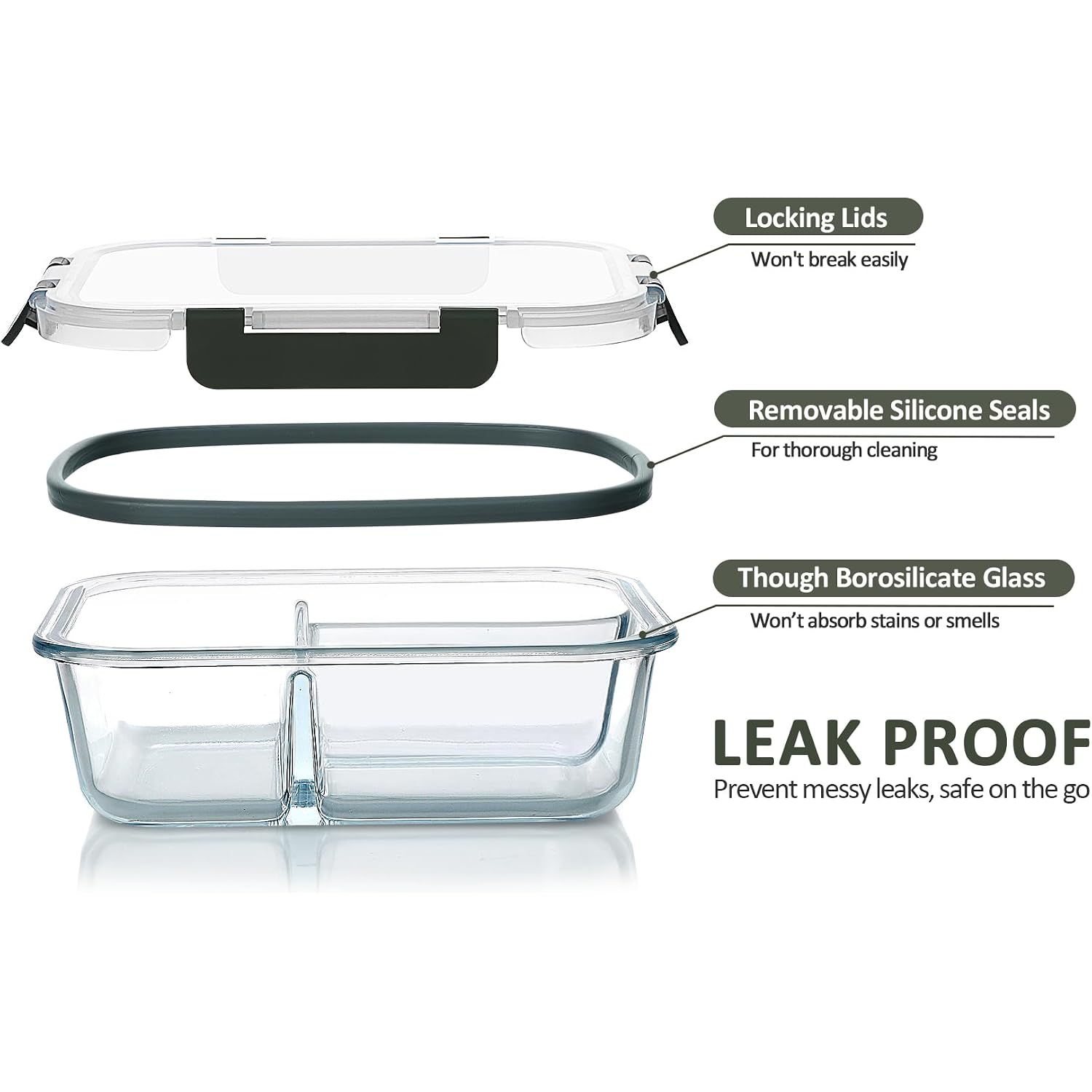 M Mcirco [5-Pack, 36 Oz] Glass Meal Prep Containers 3 Compartment With Lids, Glass Lunch Containers,Food Prep Lunch Box,Bento Box,Microwave, Oven, Freezer, Dishwasher (4.5 Cups)