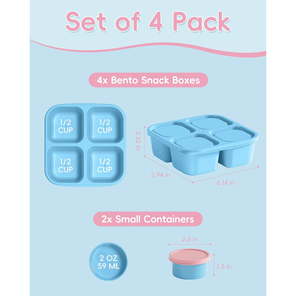 Canfanni 4 Pcs Snack Box Containers Set, Reusable 4 Compartment Lunchable Container with 2Pcs Sauce Containers, Stackable BPA-Free Bento Box for School, Work, Travel (4 Color)