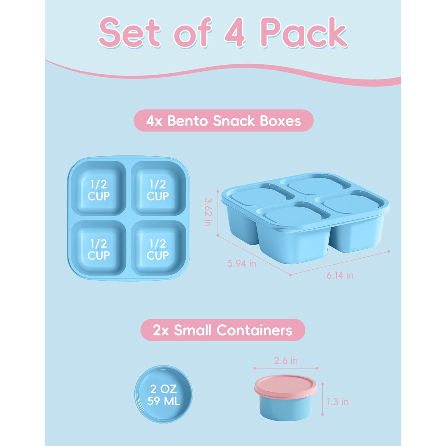 Canfanni 4 Pcs Snack Box Containers Set, Reusable 4 Compartment Lunchable Container with 2Pcs Sauce Containers, Stackable BPA-Free Bento Box for School, Work, Travel (4 Color)