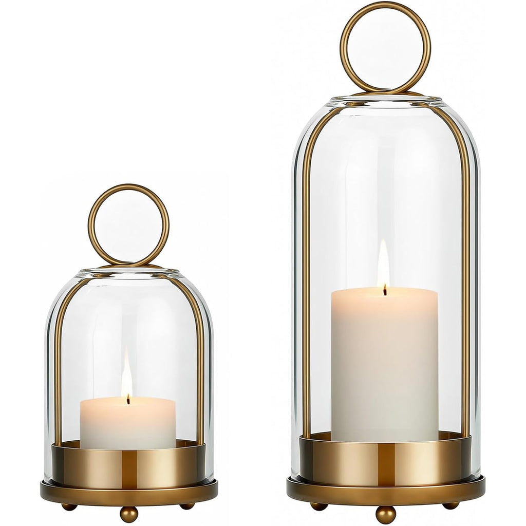 5"&4" Hurricane Glass Candle Holders, Hanging Brass Metal Candle Holder for Pillar Candles Table Coffee Table Decor Interior Decoration