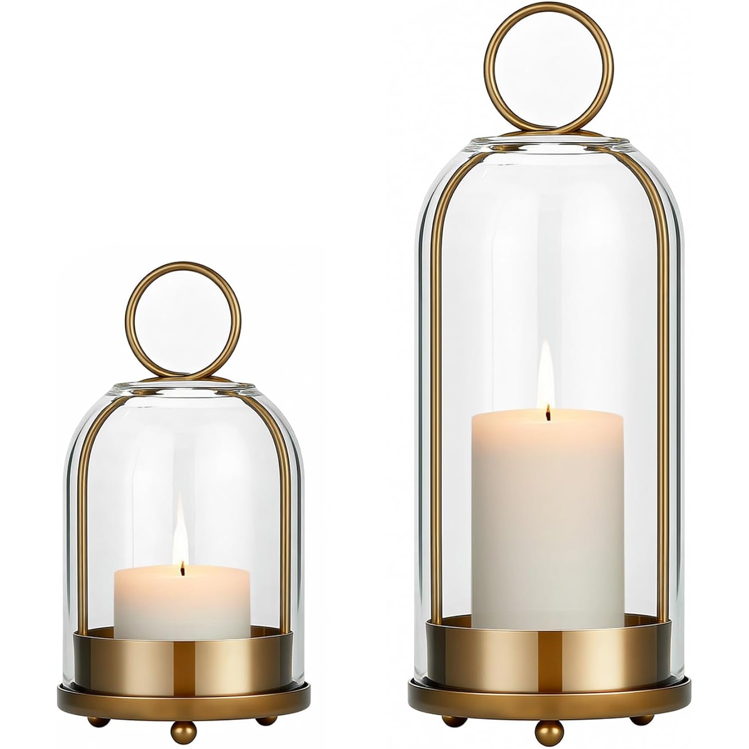 5"&4" Hurricane Glass Candle Holders, Hanging Brass Metal Candle Holder for Pillar Candles Table Coffee Table Decor Interior Decoration