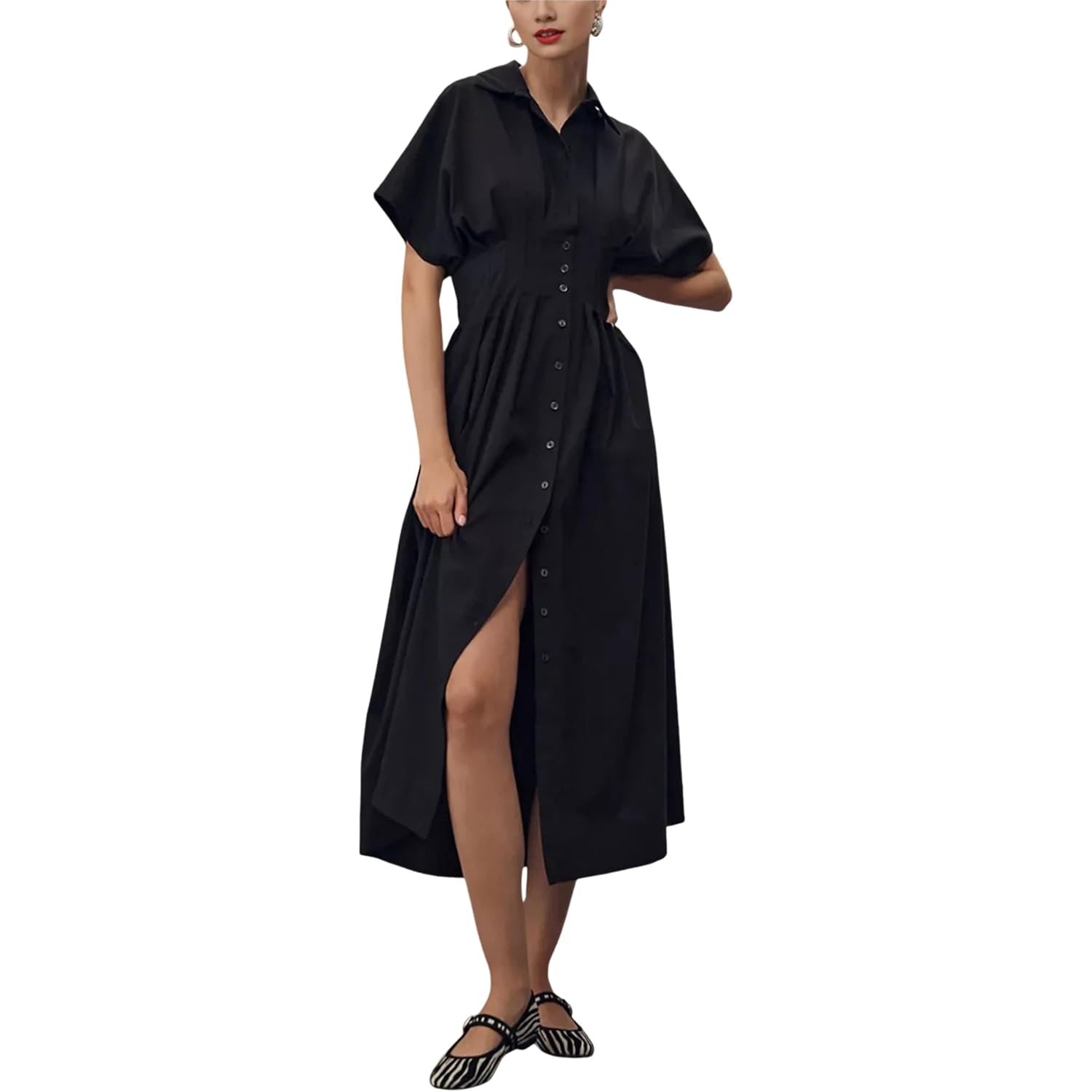 Yeokou Shirt Dress For Women Summer Casual Short Sleeve Button Down Loose Pleated Maxi Sundress With Pockets