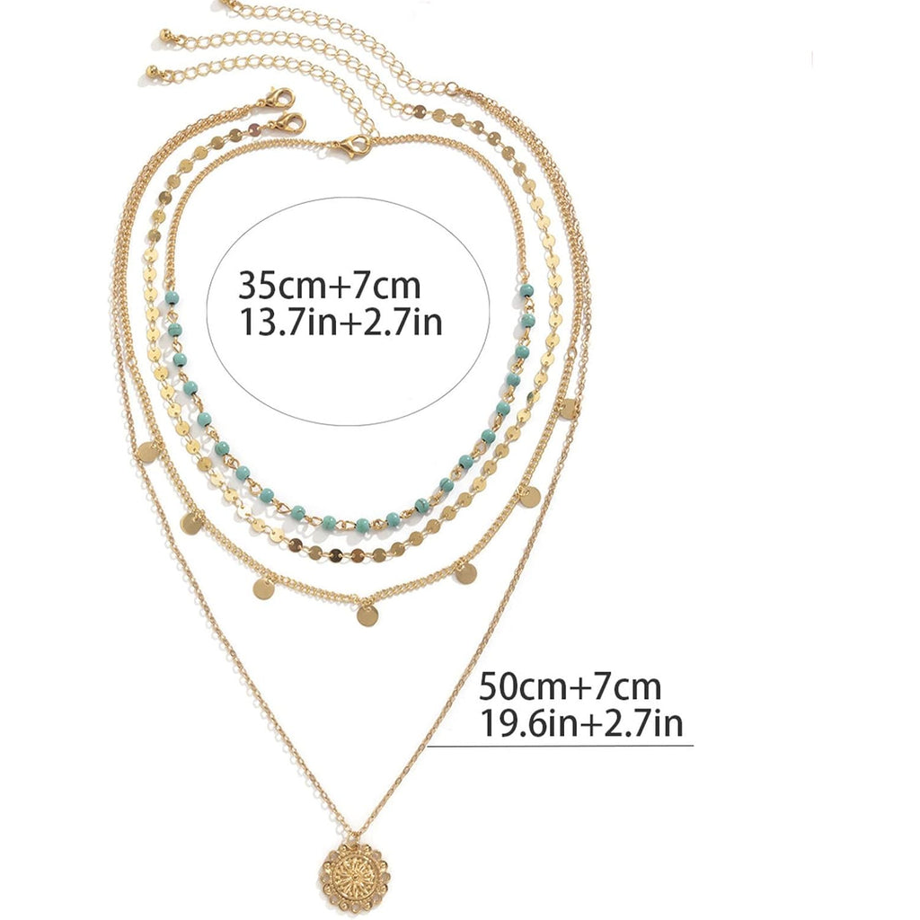 Gold Layered Turquoise Necklace for Women Multi Boho Long Necklace Bohemian Coin Pendant Necklaces Jewelry