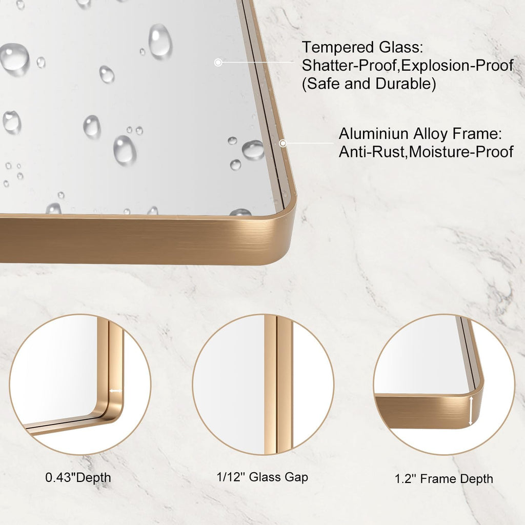 LOAAO 22”X30” Gold Bathroom Mirror, Rounded Rectangle Gold Frame Mirror, Brushed Gold Bathroom Vanity Mirror Wall-Mounted, Anti-Rust, Hangs Horizontally or Vertically