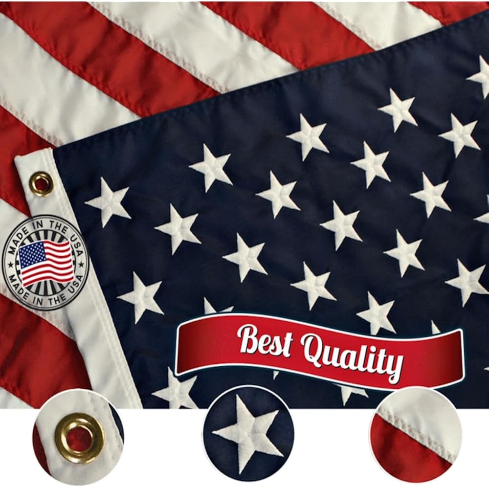 Grace Alley American Flag: 3X5 Ft Us Flag - 100% Made In Usa. Embroidered Stars, Sewn Stripes And Brass Grommets. Fade Resistant, Heavy Duty, Long Lasting Nylon For Outdoor Durability.