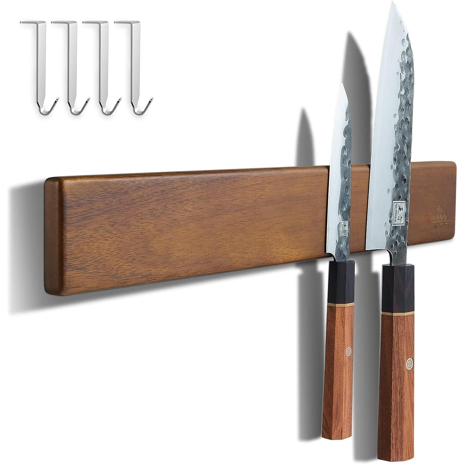 ENOKING 16 Inch Magnetic Knife Holder for Wall - Acacia Wood Knife Strip with Gold-Stamping Magnetic Gift Box - Powerful Knife Bar with 4 Hooks, No Drilling or Screw Mount