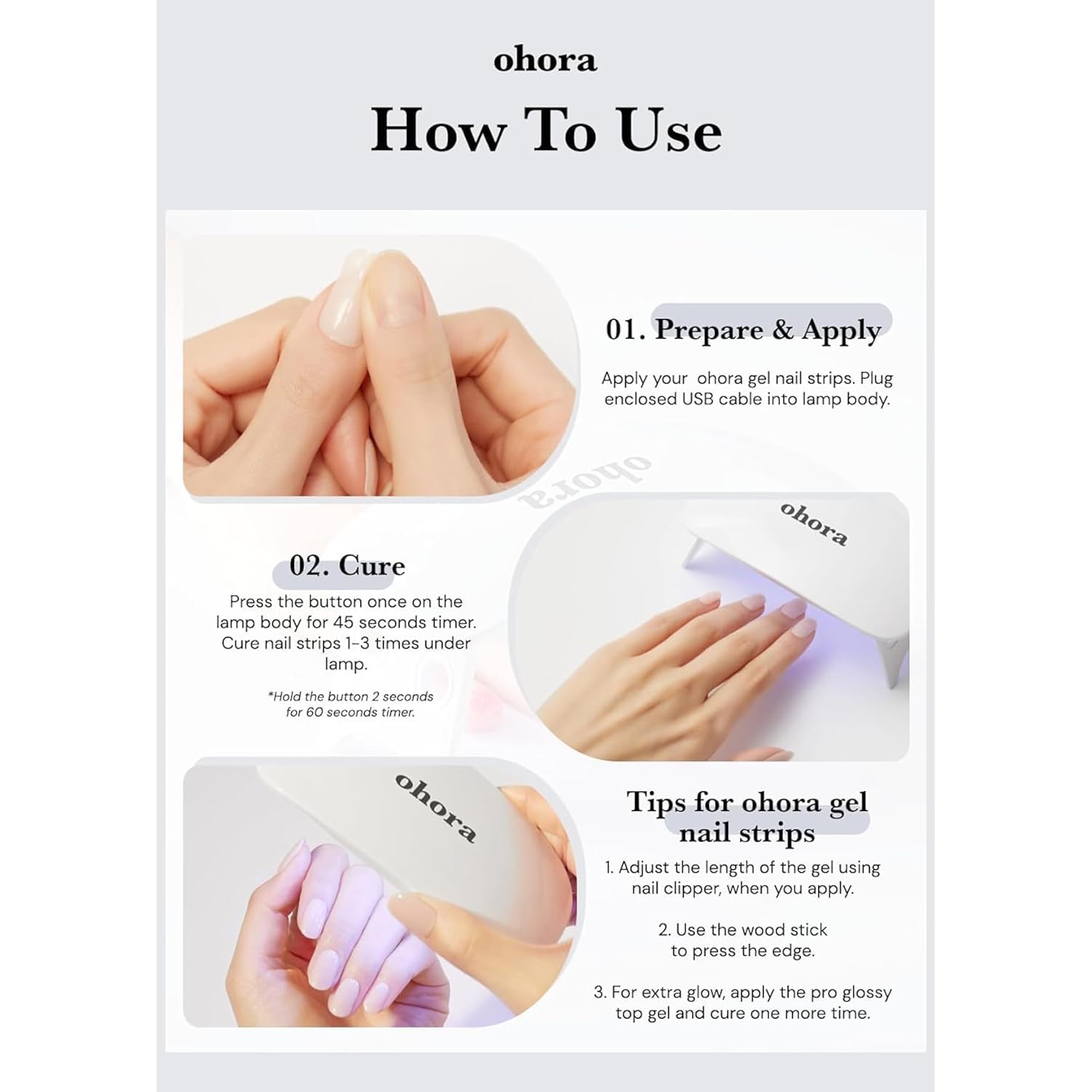 ohora Care LED Lamp for Semi Cured Gel Nail Strips - 6W Max, 2 Timers (45s / 60s), Portable Lamp for Curing Gel Nail Art, For Gel Stickers and Strips Only