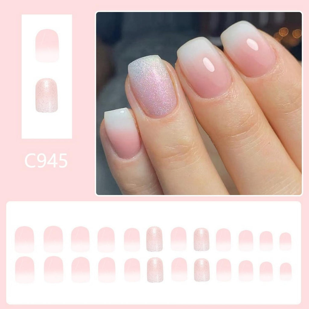 24 Pcs Gradient Pink White Press on Nails Short Square Shaped False Nails with Glitter Designs Fake Nails Bling Acrylic Nails Full Cover Stick on Nails for Women Nails Manicure Decoration