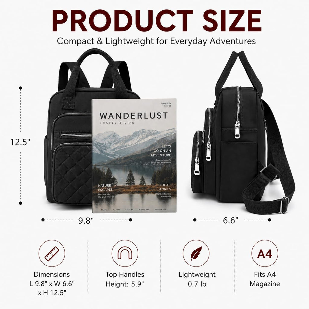 Small Backpack For Women Casual Quilted Square Bag Waterproof Multi Pockets Daypack Lightweight Top Handle Satchel