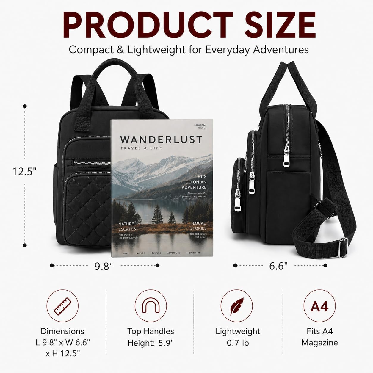 Small Backpack For Women Casual Quilted Square Bag Waterproof Multi Pockets Daypack Lightweight Top Handle Satchel