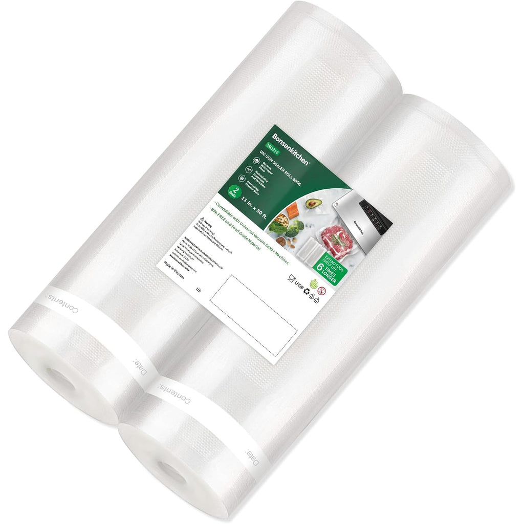Bonsenkitchen Vacuum Sealer Bags, 11 In X 50 Ft Rolls 2 Pack Seal Bags For Food Storage Saver, Bpa Free, Commercial Grade Textured Food Roll Bags, Customized Size Bag For Sous Vide Cooking,Vb3210