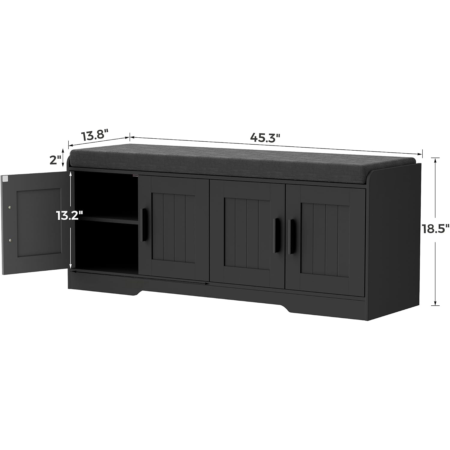 2-Tier Storage Bench, Shoe Bench With Thickened Padded Seat Cushion, Entryway Bench With 4 Doors, Adjustable Shelf, 13.8" D X 45.3" W X 18.5" H, For Entryway, Living Room, Bedroom, Black