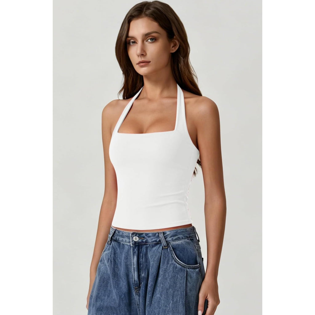 QINSEN Women's Backless Halter Tank Top Button Closure Square Neck Double Line Casual Daily Top Going Out Cami