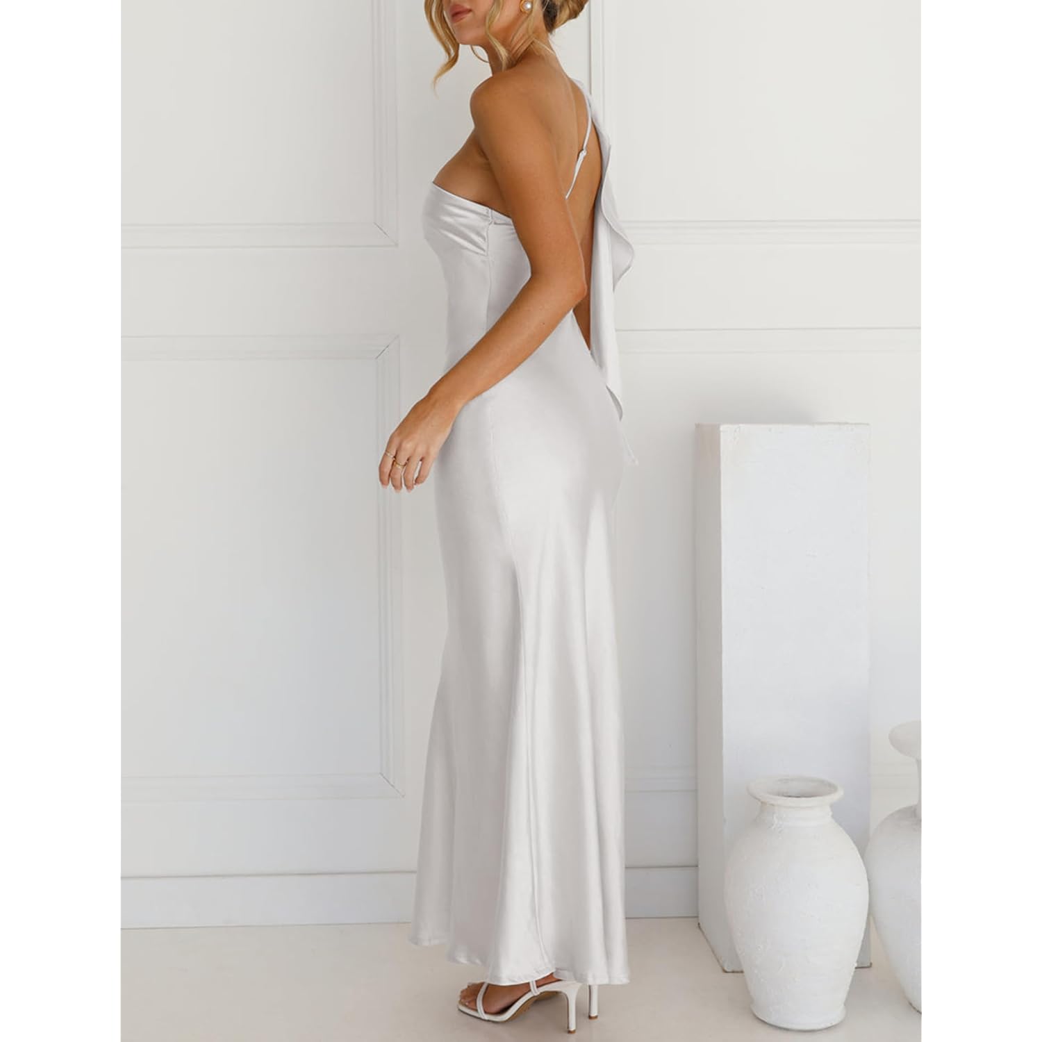 2026 Satin One Shoulder Maxi Dress For Women Summer Silk Formal Elegant Backless Ruffle Sleeveless Wedding Guest Dresses