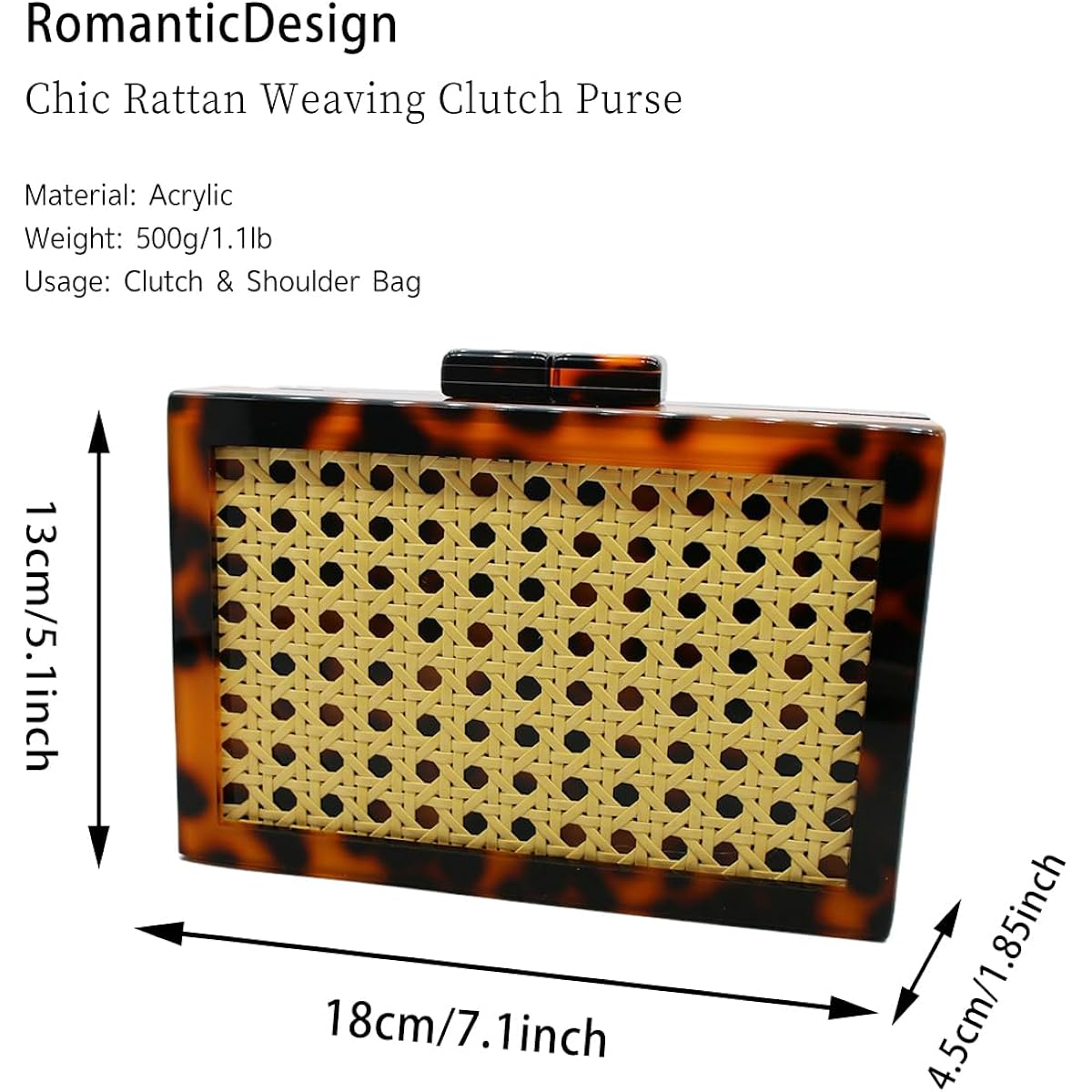 RomanticDesign Women Acrylic Handbag Rattan Woven Pattern Square Box Crossbody Handbag Shoulder Bag Chain Purse