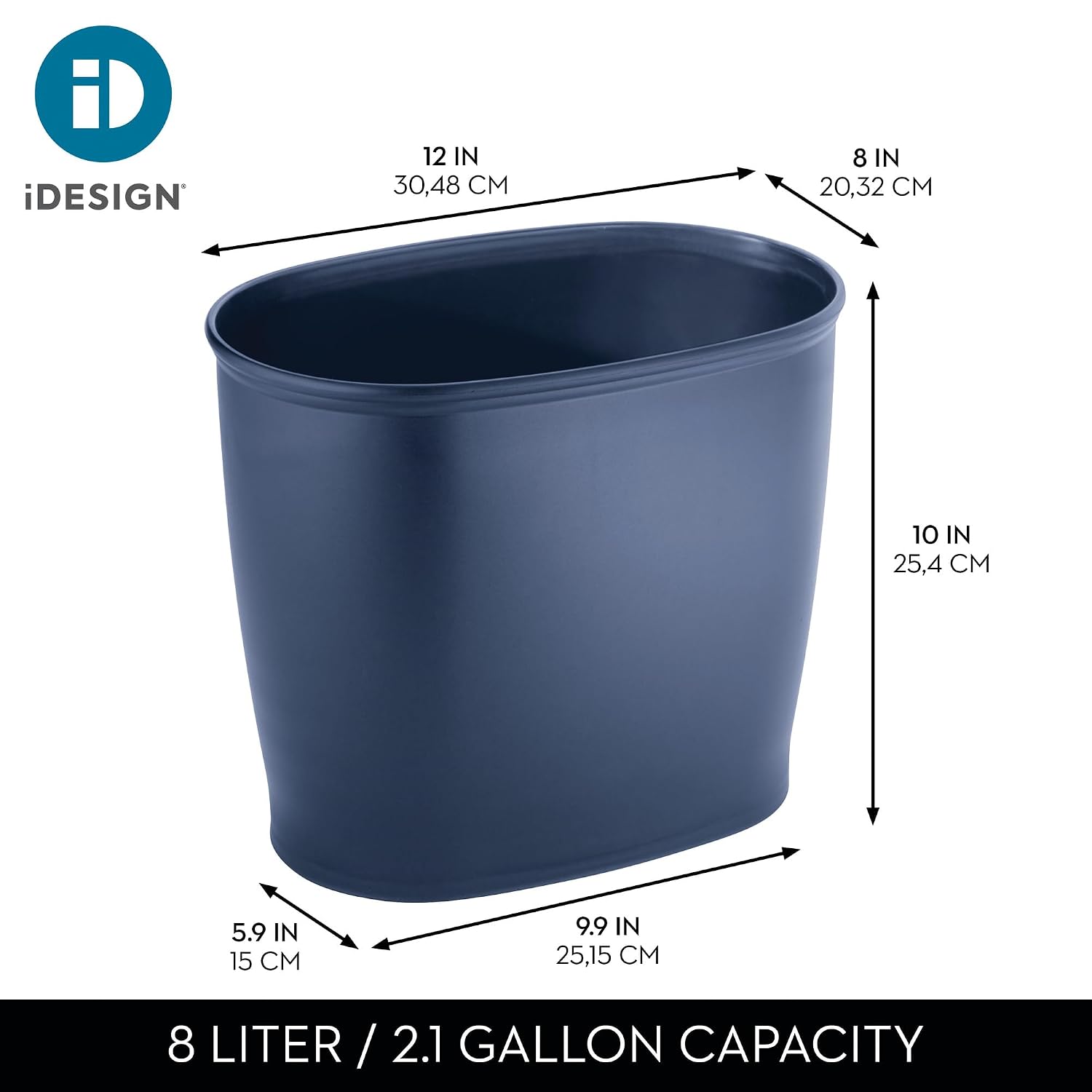 Idesign Slim Plastic Bathroom Trash Can, Navy Blue | Small, For Bedroom, Office, Desk, Dorm