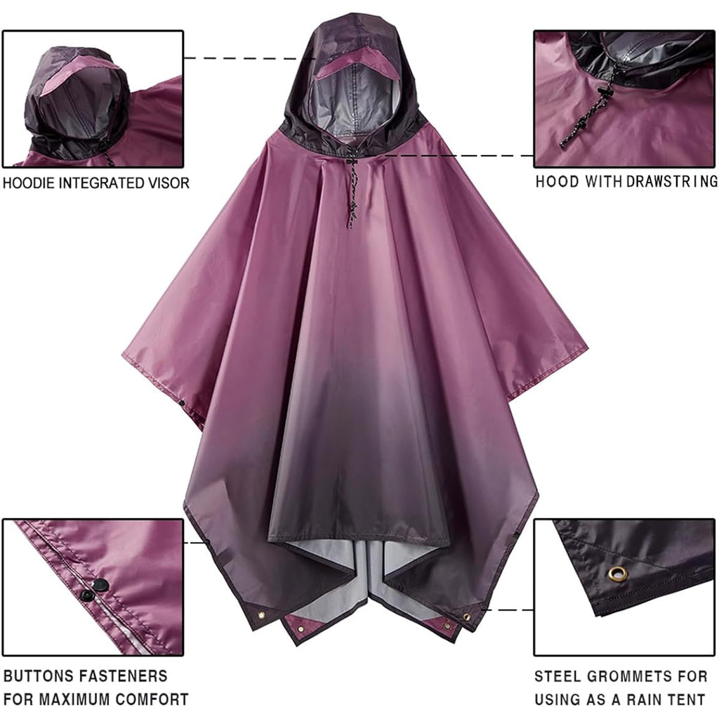 Hooded Rain Poncho For Adult, Waterproof Lightweight Raincoat For Hiking Camping