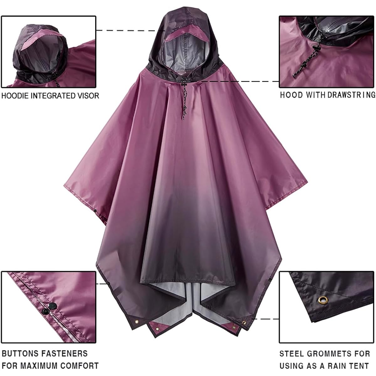 Hooded Rain Poncho For Adult, Waterproof Lightweight Raincoat For Hiking Camping
