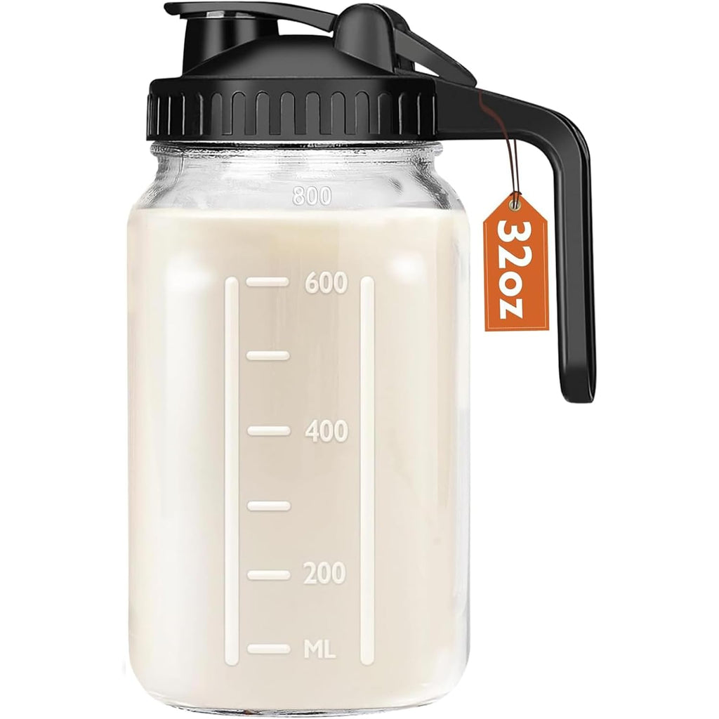 Mihlapi Breast Milk Pitcher, 32 OZ Mason Jar Pitcher with Lid Double Leak Proof,1 Quart Breastmilk Storage Containers for Fridge, Glass Jug for Sun Tea, Juice, Cold Brew Coffee