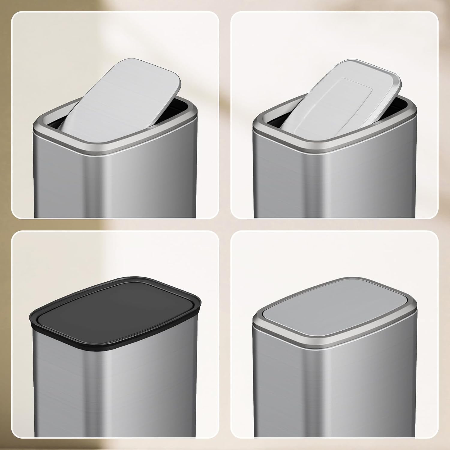 8L/2.1 Gal Small Bathroom Trash Can With Lid, Swing-Top Rectangular Waste Bin, Stainless Steel Garbage Can For Home, Office, Toilet, Bedroom, Living Room (Silver)