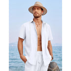 Runcati Mens Linen Cuban Guayabera Shirts Button Down Short Sleeve Shirt Cotton Hippie Summer Beach Vacation Shirts