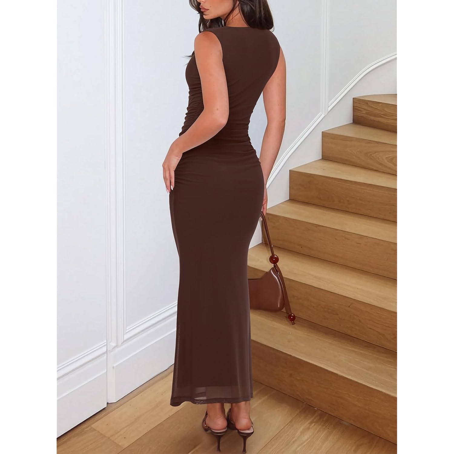 Reoria Summer Wedding Guest Maxi Dresses For Women | Sleeveless,Square Neck,Sheer Mesh,Ruched,Slim,Bodycon,Formal,Elegant Long Dress,Cocktail,Club Nightout,2026 Trendy Clothes