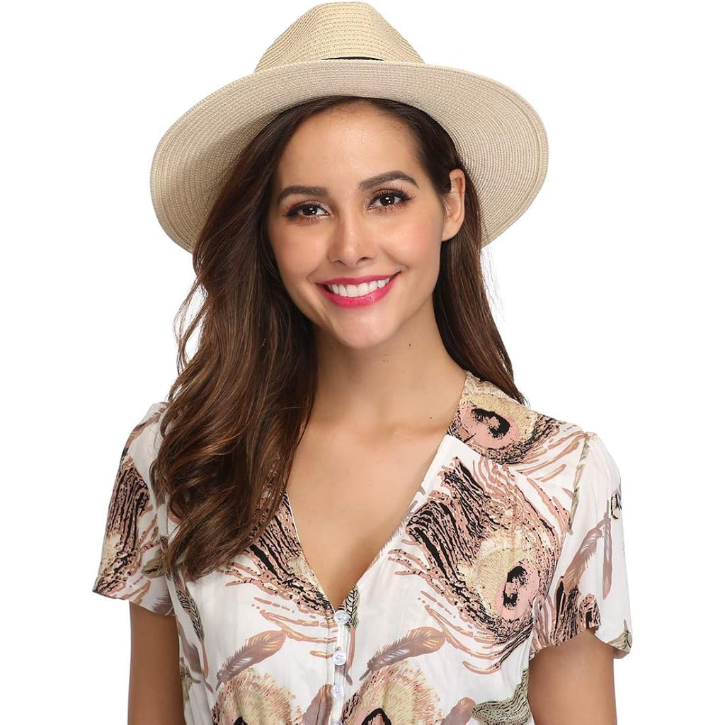 Women Wide Brim Straw Panama Roll Up Hat Fedora Beach Sun Hat Upf50+