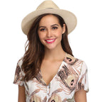 Women Wide Brim Straw Panama Roll Up Hat Fedora Beach Sun Hat Upf50+
