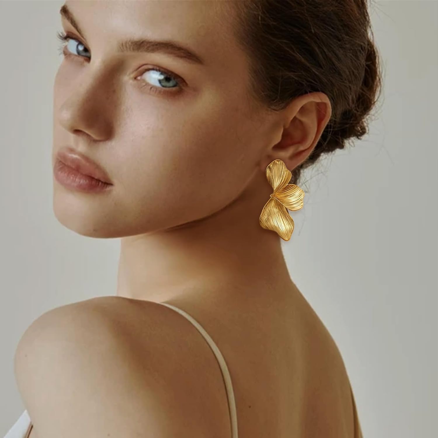 OGD Chunky Gold Statement Earrings For Women Trendy Gold Plated Sectored Flower Leaf Angel Wing Earrings Large Stud Jewlery Hypoallergenic