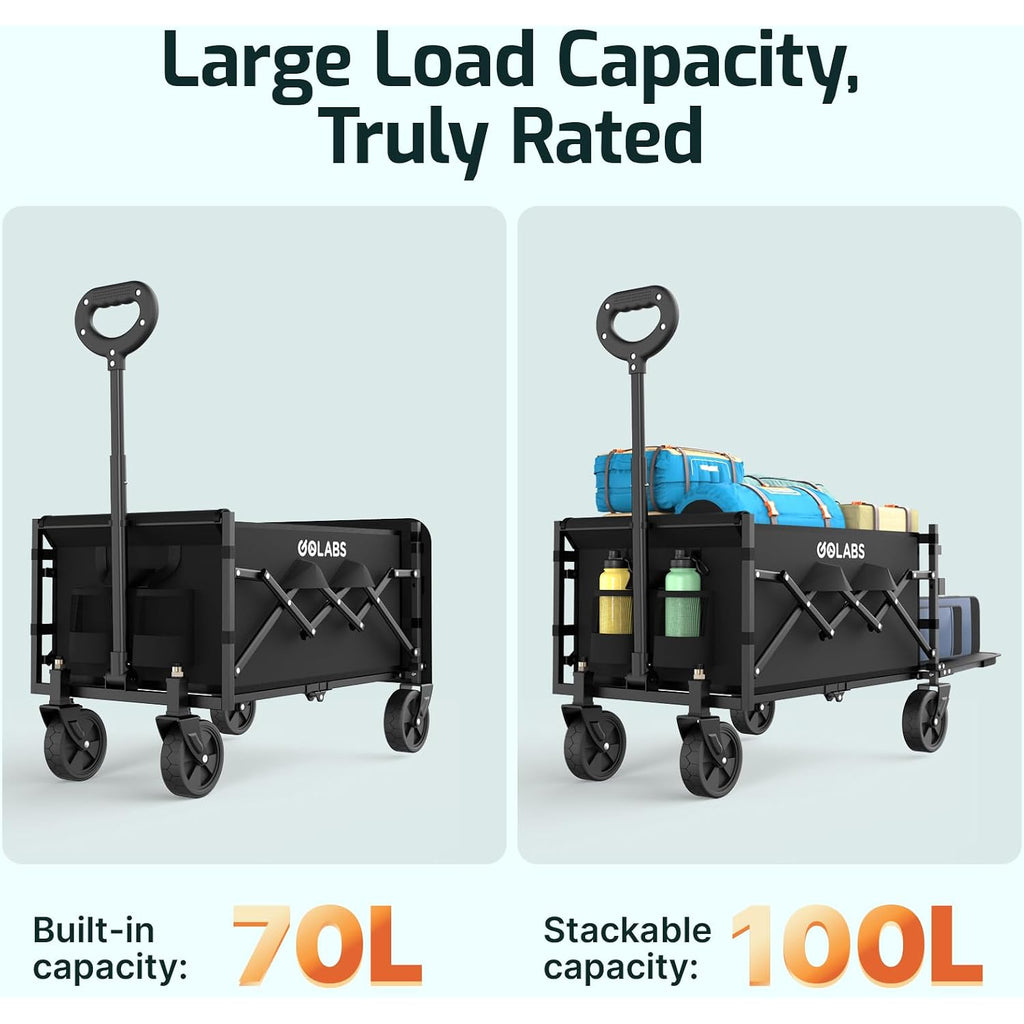 Golabs Wa1 Collapsible Folding Wagon Cart, Max 220Lb Load, Expands To 100L | Dual-Bearing Wheels, Smooth Swivel Steering, Drop-Down Tailgate, Extended Storage, 2 Cup Holders,Grocery/Garden/Camping,Black