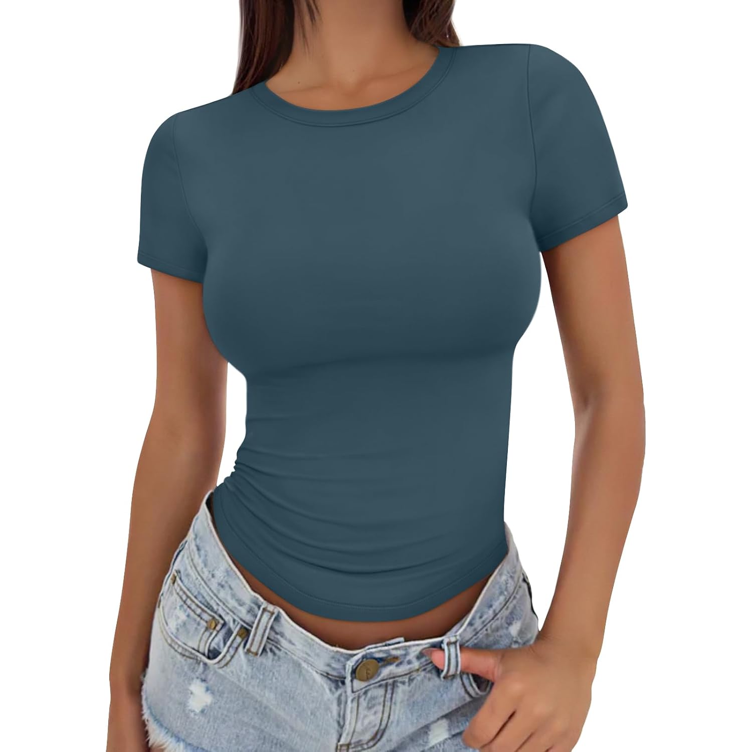 Trendy Queen Womens Basic T Shirts - Stretchy Soft Slim Fit Short Sleeve Y2K Cute Summer Crop Workout Tops